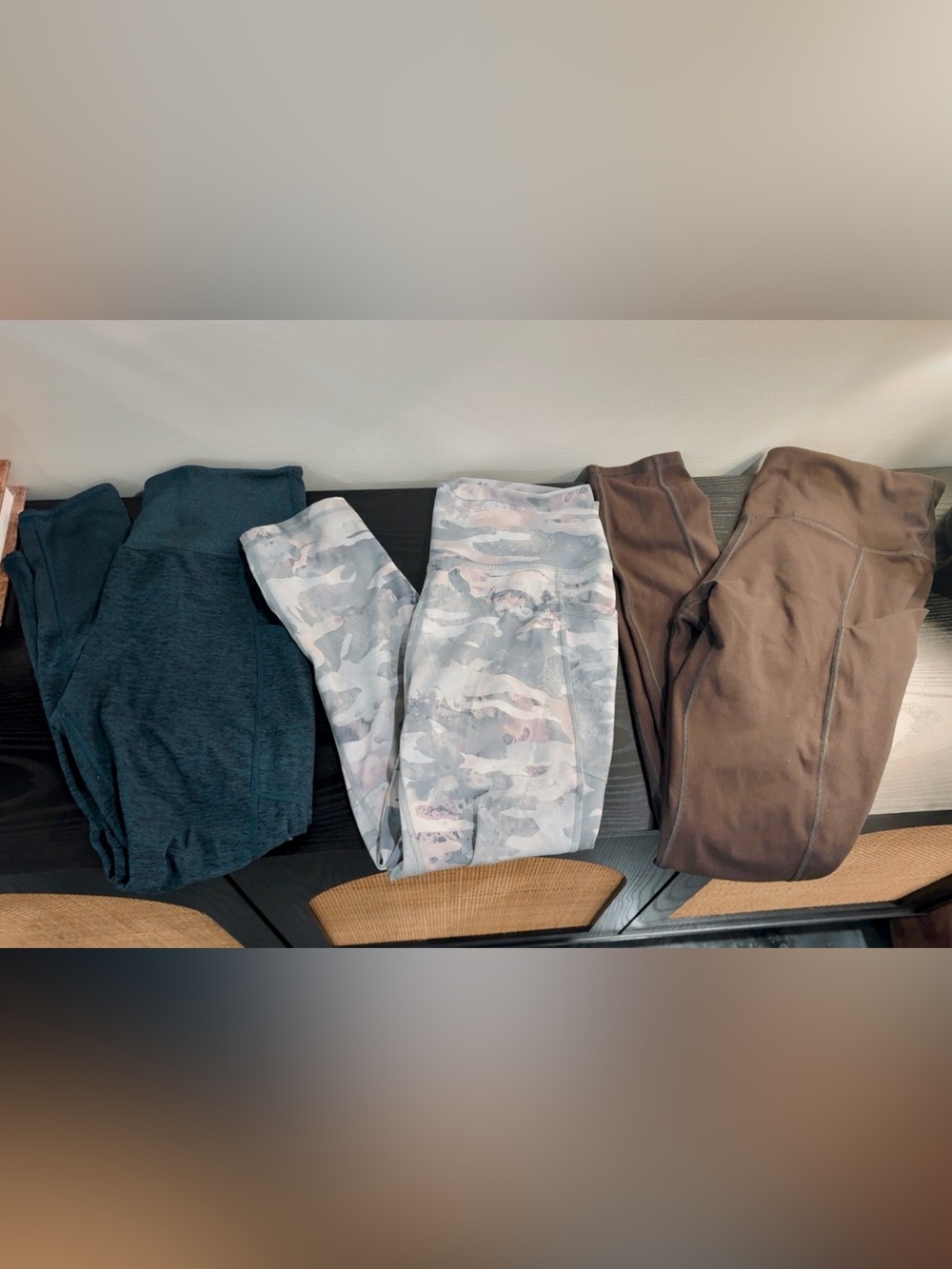 Kirkland Signature Leggings set of 3 in Gray camo, brown & blue